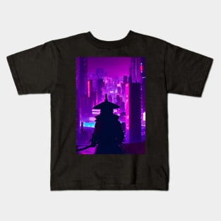 Japanese Samurai Cyberpunk Futuristic Neon City Kids T-Shirt